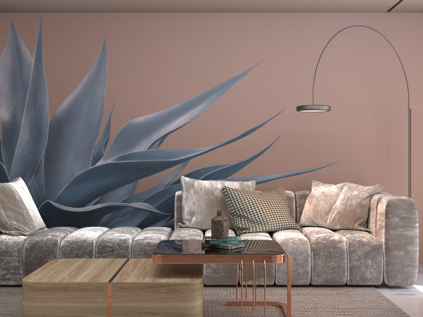 Blue on Peach Agave Mural Wallpaper