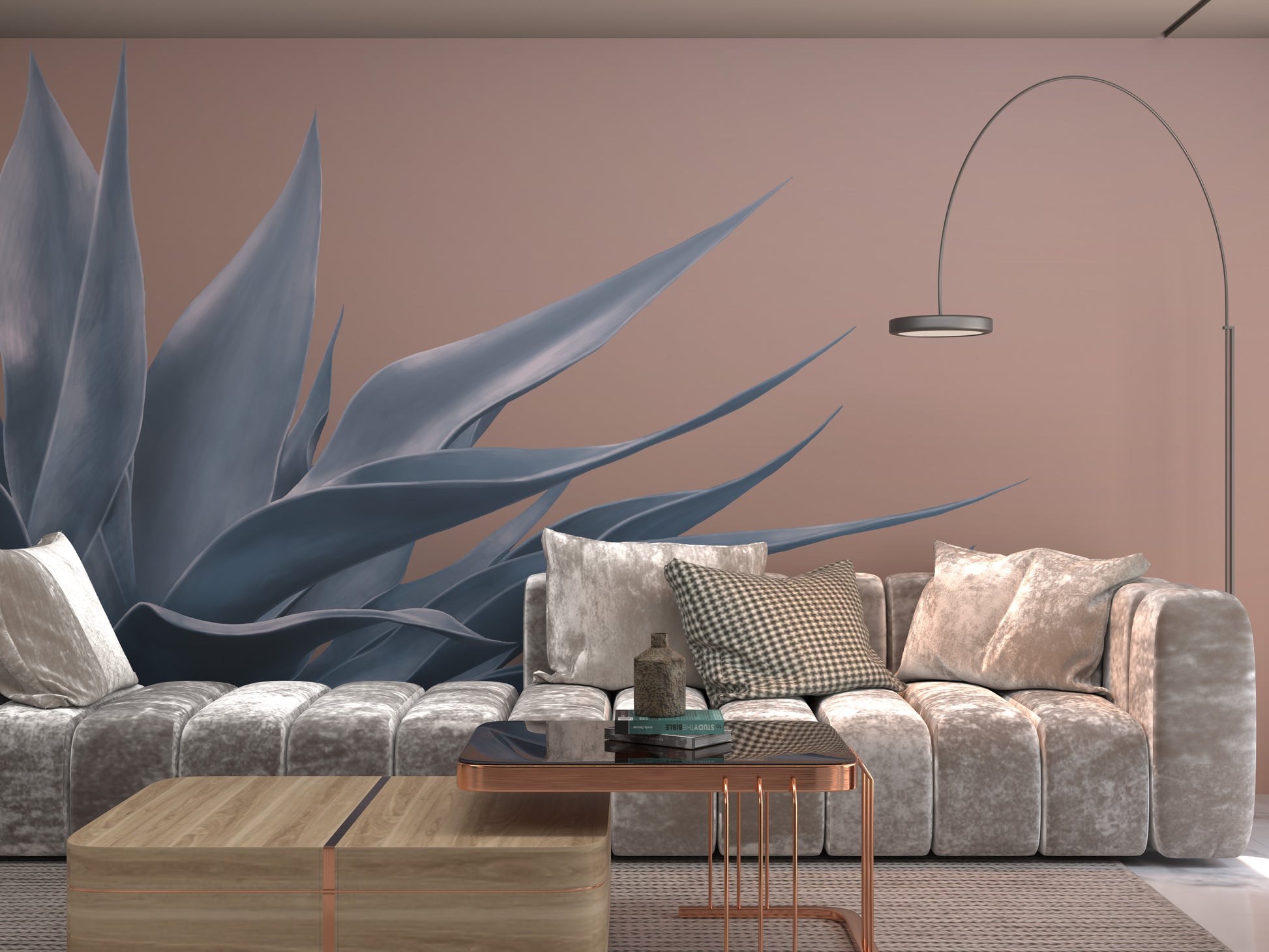 Blue on Peach Agave Mural Wallpaper