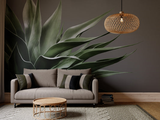 Green on Grey Agave Mural Wallpaper