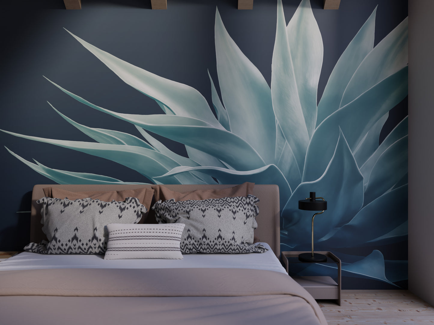 Pale Green on Deep Blue Agave Mural Wallpaper