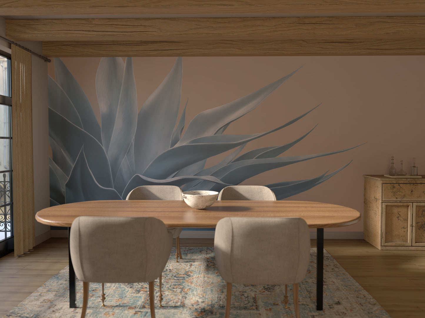 Blue on Peach Agave Mural Wallpaper