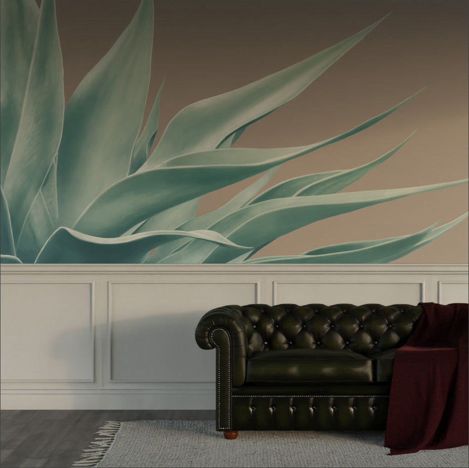 Pale Green on Dusty Pink Agave Mural Wallpaper