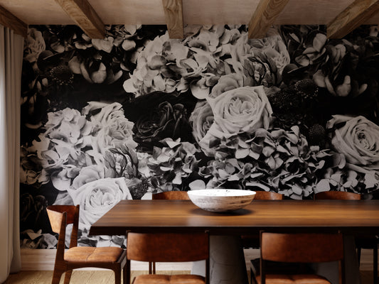 Black & White Bouquet Mural Wallpaper in a dining room