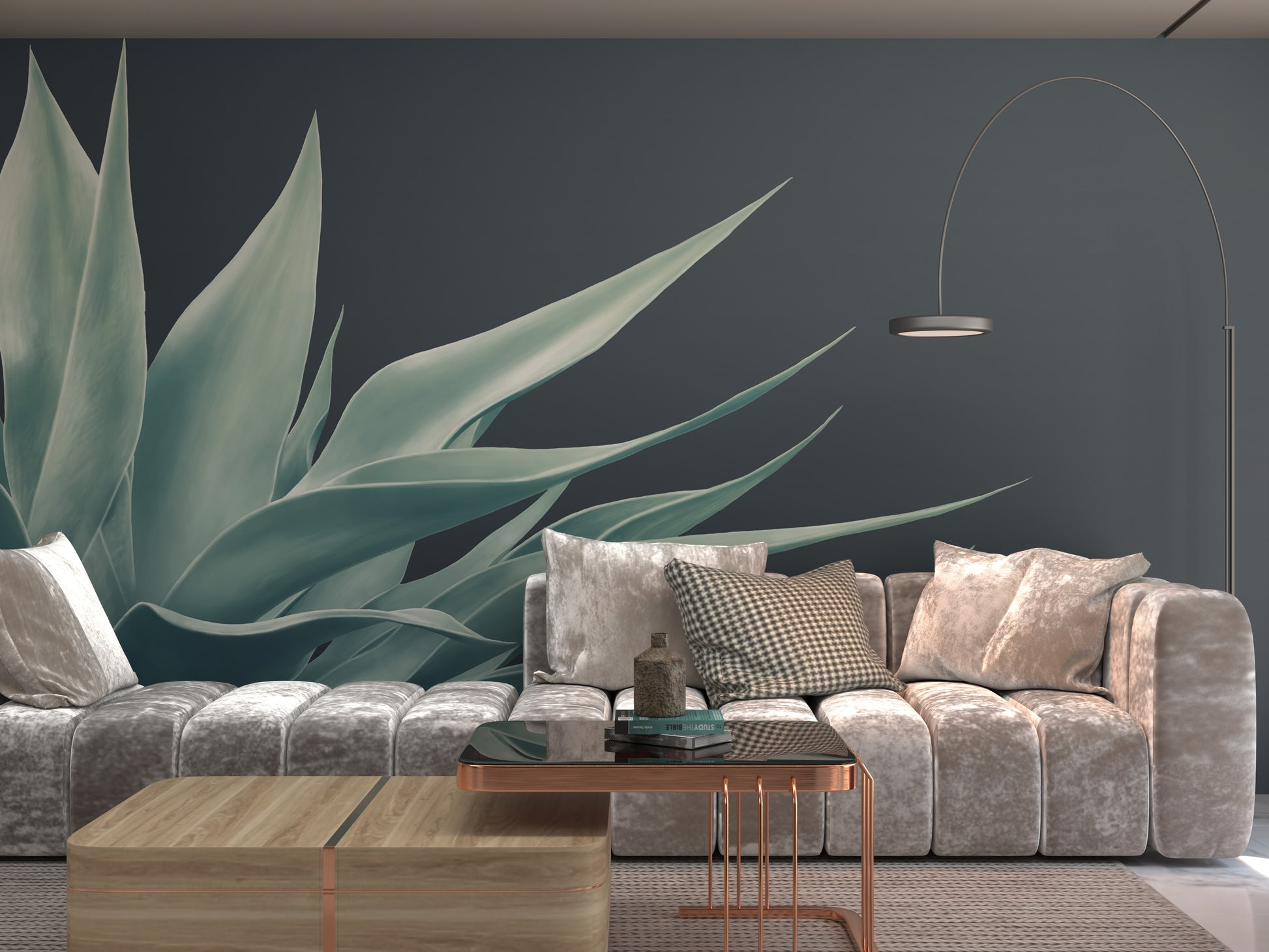 Pale Green on Deep Blue Agave Mural Wallpaper